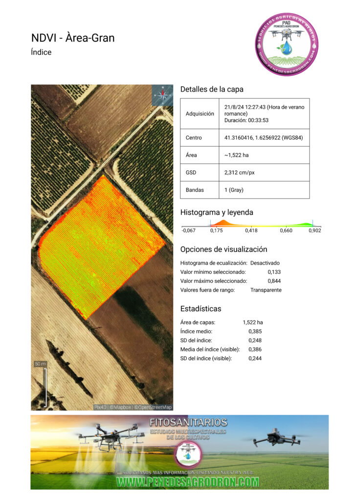 Una parte del informe de NDVI más común solicitado que se entrega de entre otros índices como MCARI, GNDVI, LCI,...